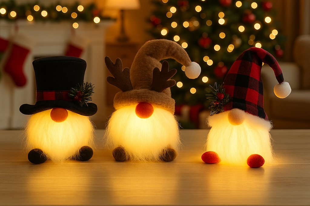 Peluches LED de Noël – Suspensions Gnome & Père Noël | Décoration Sapin & Maison | Ornement Lumineux 2025
